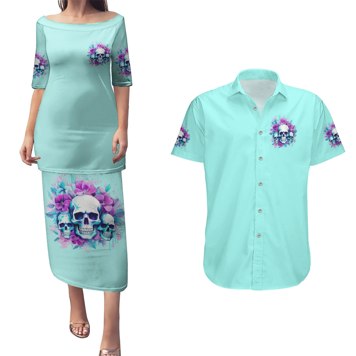 Flower Skull Angel Couples Matching Puletasi and Hawaiian Shirt Stuck Between IDK IDC and IDGAF - Wonder Print Shop