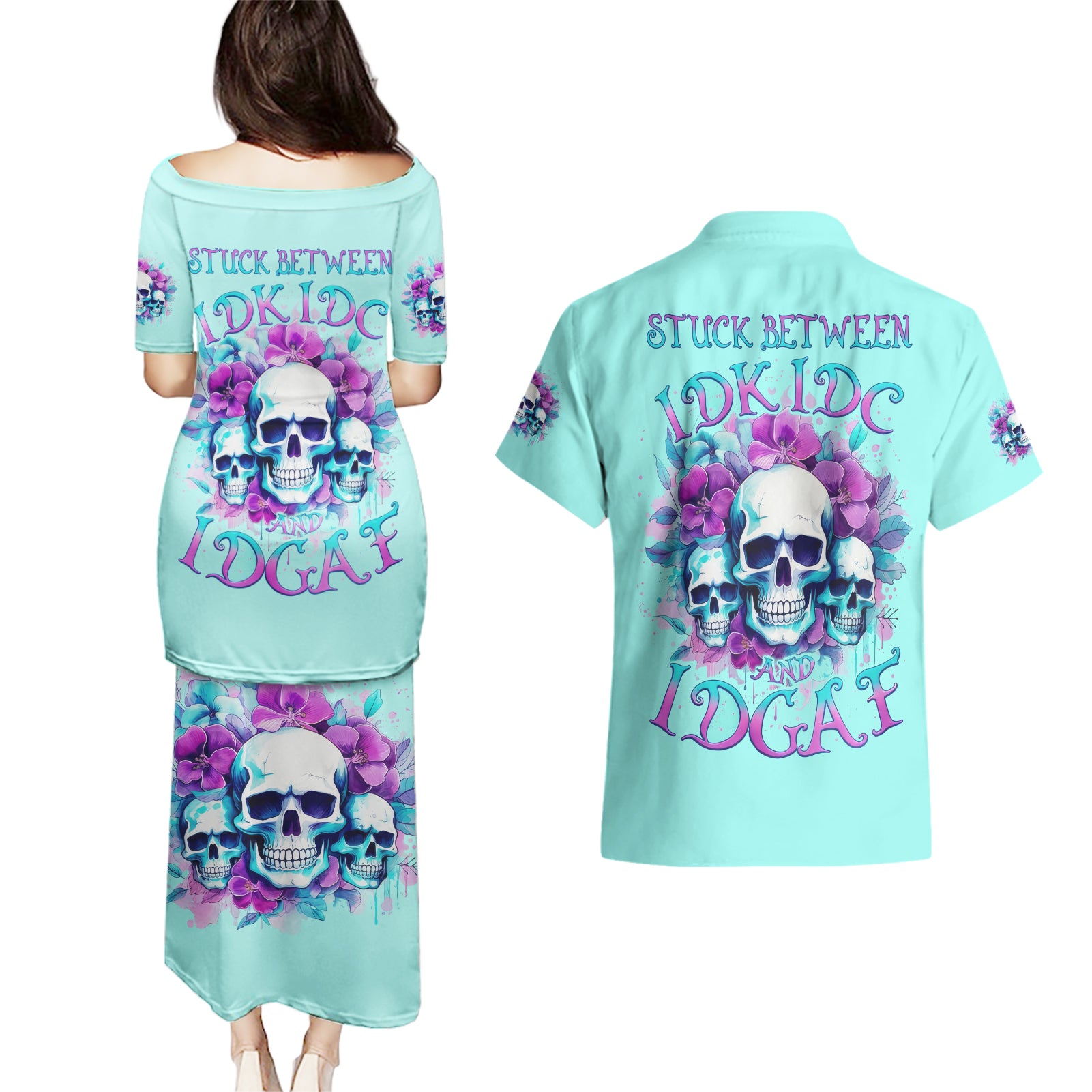 Flower Skull Angel Couples Matching Puletasi and Hawaiian Shirt Stuck Between IDK IDC and IDGAF - Wonder Print Shop