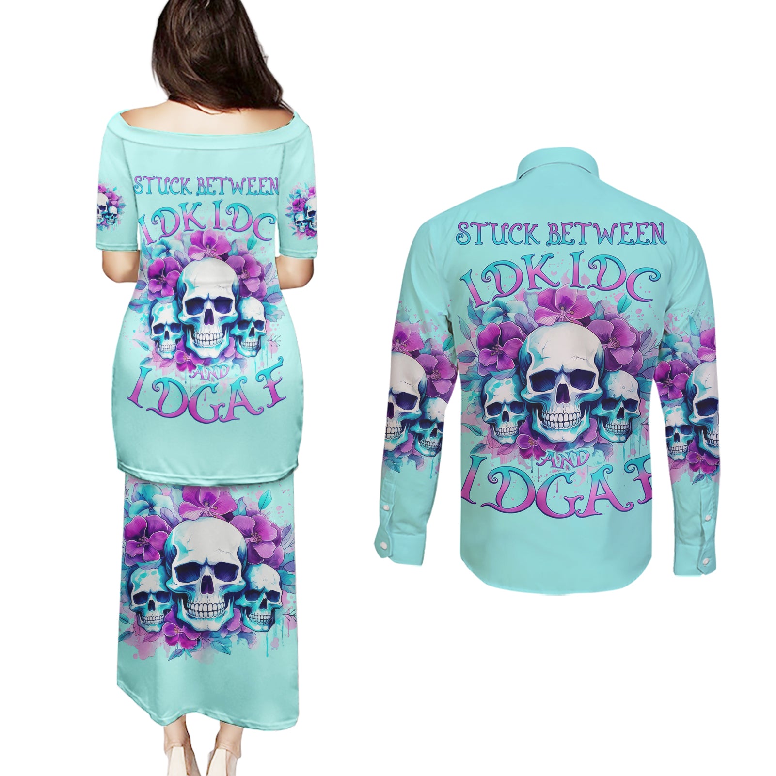 Flower Skull Angel Couples Matching Puletasi and Long Sleeve Button Shirt Stuck Between IDK IDC and IDGAF - Wonder Print Shop