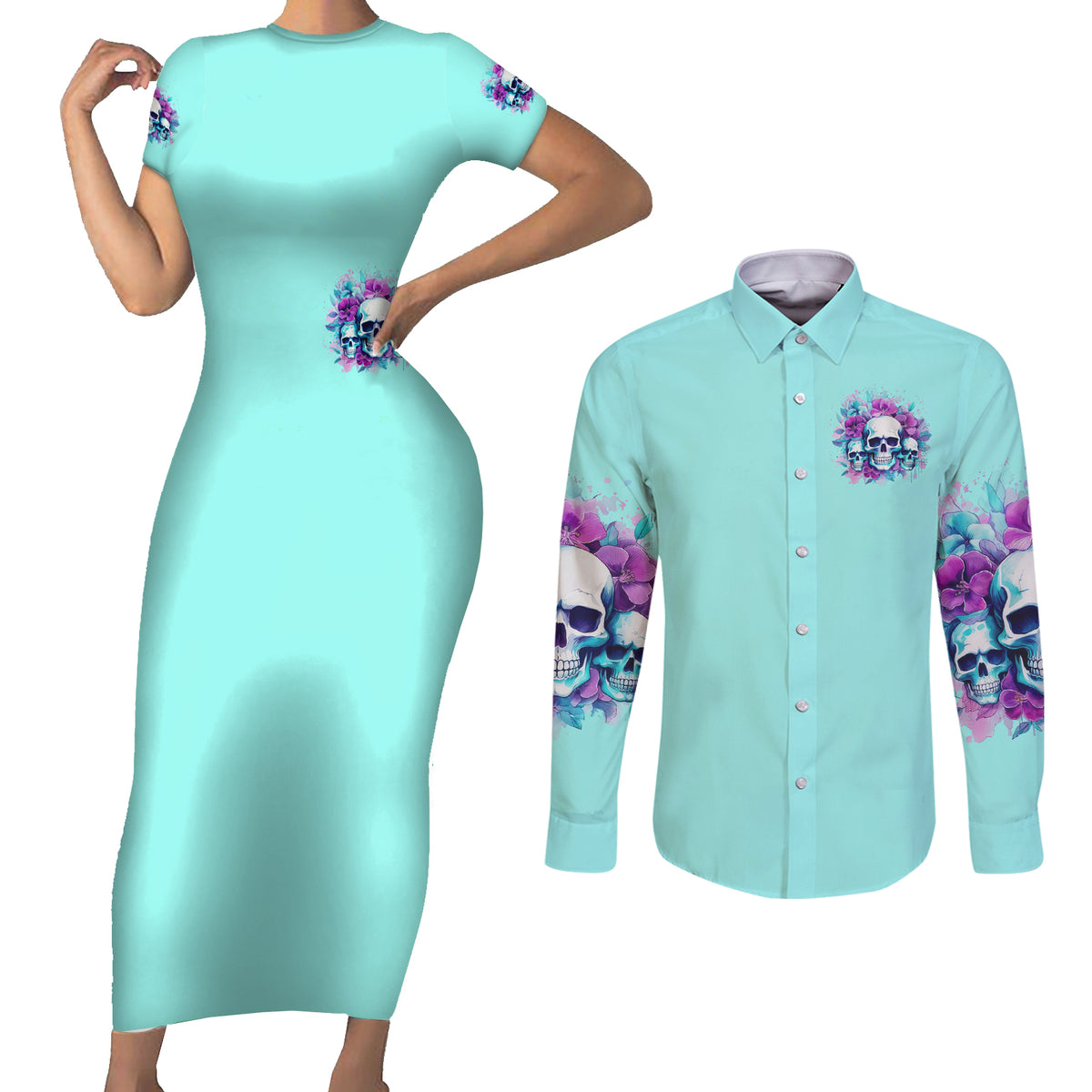 Flower Skull Angel Couples Matching Short Sleeve Bodycon Dress and Long Sleeve Button Shirt Stuck Between IDK IDC and IDGAF - Wonder Print Shop