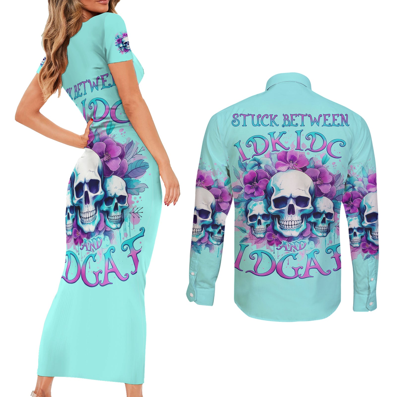 Flower Skull Angel Couples Matching Short Sleeve Bodycon Dress and Long Sleeve Button Shirt Stuck Between IDK IDC and IDGAF - Wonder Print Shop