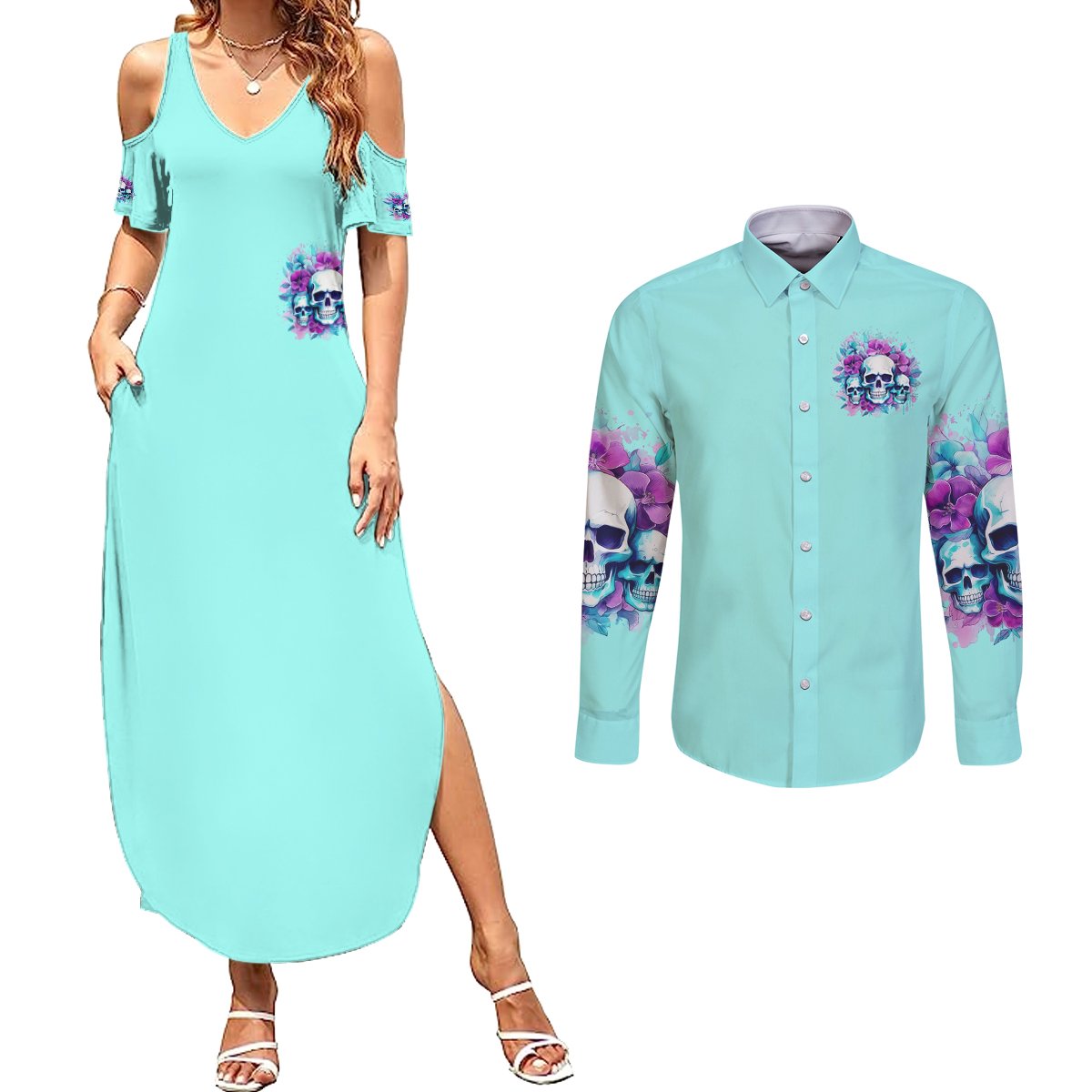Flower Skull Angel Couples Matching Summer Maxi Dress and Long Sleeve Button Shirt Stuck Between IDK IDC and IDGAF - Wonder Print Shop