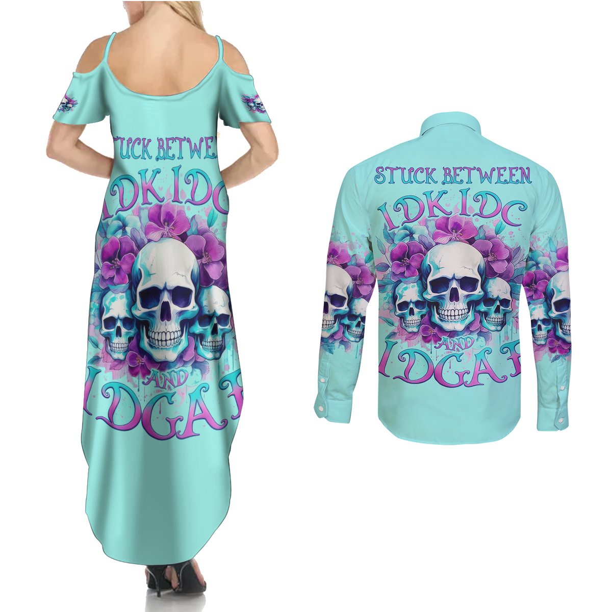 Flower Skull Angel Couples Matching Summer Maxi Dress and Long Sleeve Button Shirt Stuck Between IDK IDC and IDGAF - Wonder Print Shop