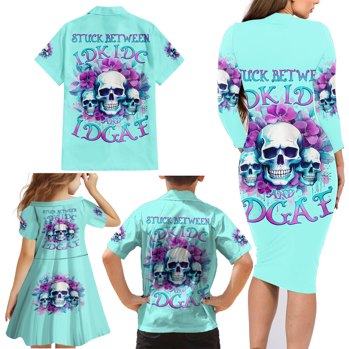 Flower Skull Angel Family Matching Long Sleeve Bodycon Dress and Hawaiian Shirt Stuck Between IDK IDC and IDGAF - Wonder Print Shop