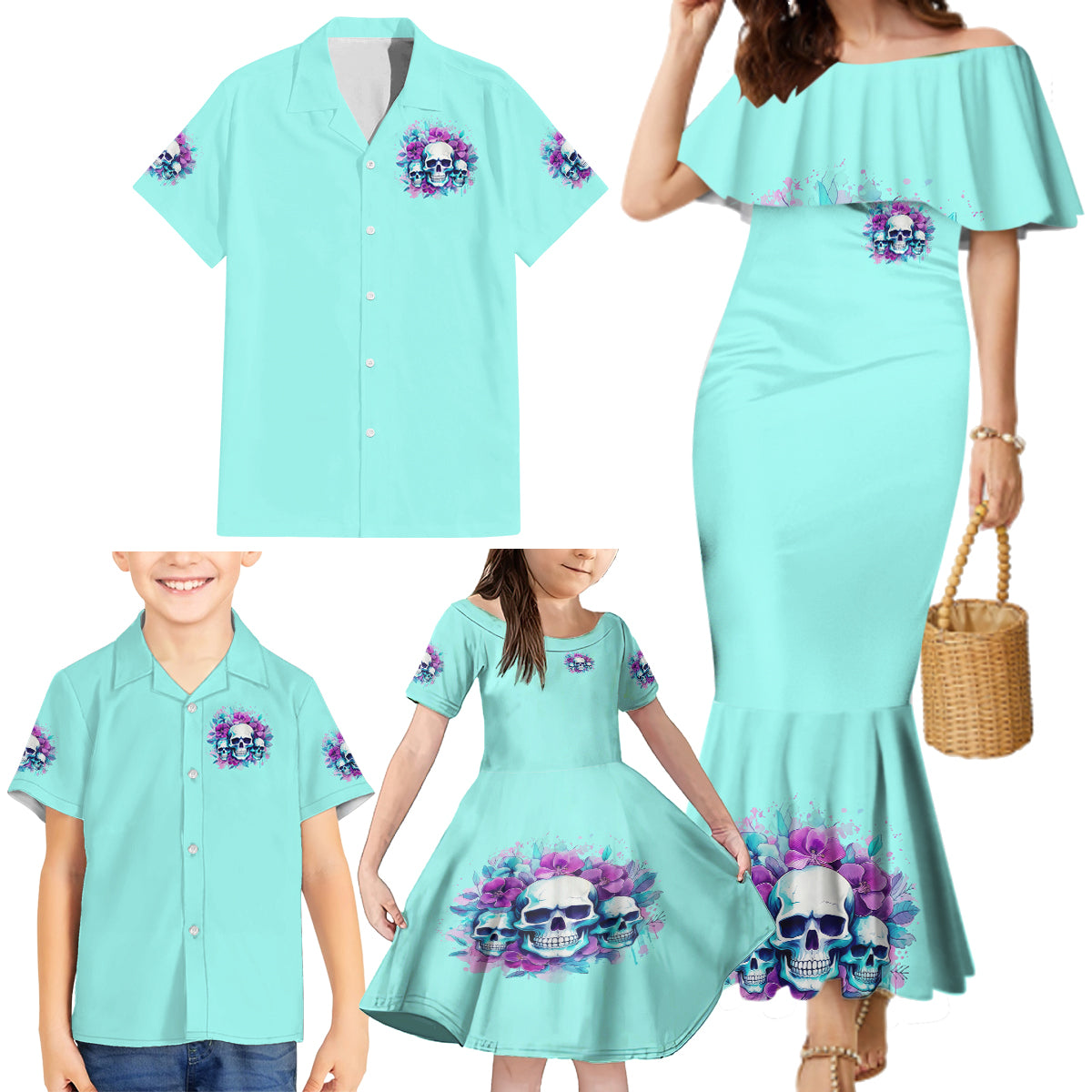 Flower Skull Angel Family Matching Mermaid Dress and Hawaiian Shirt Stuck Between IDK IDC and IDGAF - Wonder Print Shop