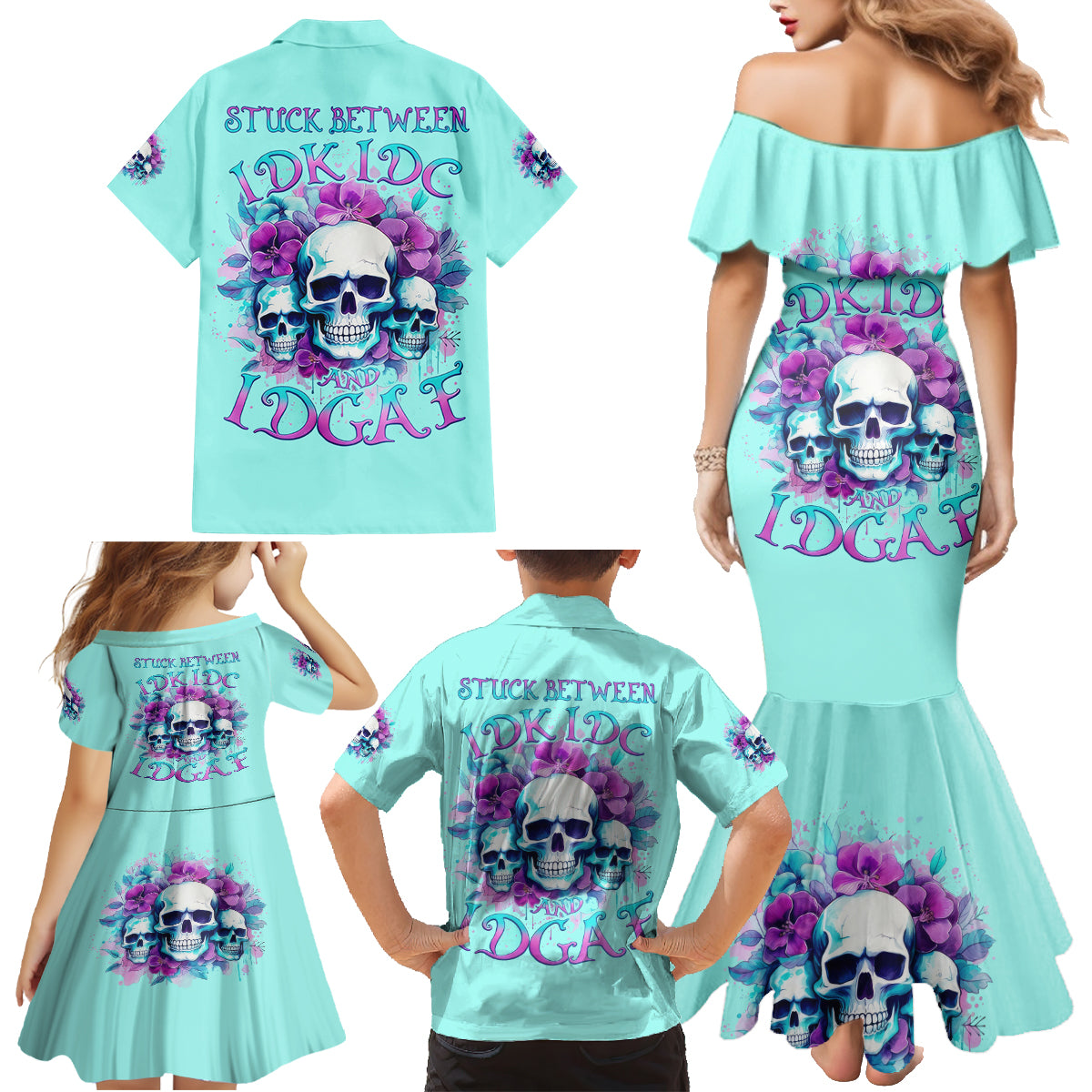 Flower Skull Angel Family Matching Mermaid Dress and Hawaiian Shirt Stuck Between IDK IDC and IDGAF - Wonder Print Shop