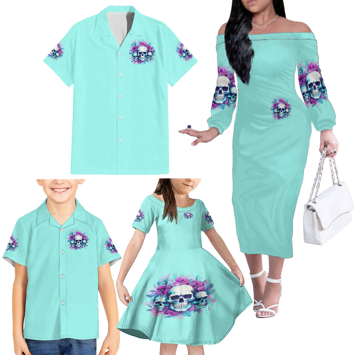 Flower Skull Angel Family Matching Off Shoulder Long Sleeve Dress and Hawaiian Shirt Stuck Between IDK IDC and IDGAF - Wonder Print Shop