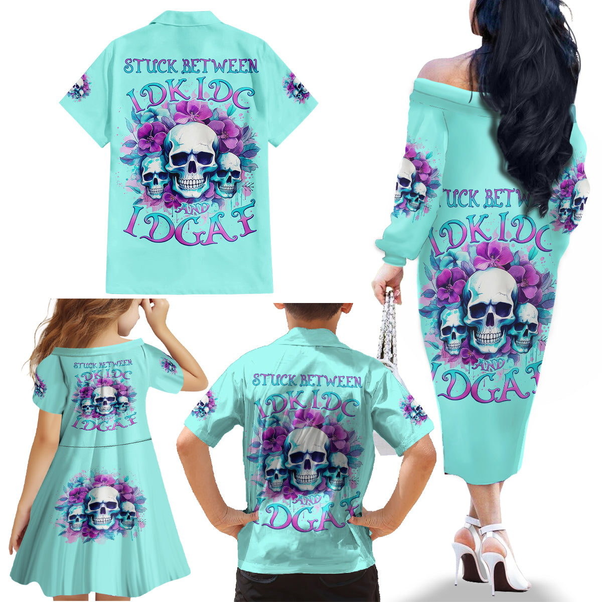 Flower Skull Angel Family Matching Off Shoulder Long Sleeve Dress and Hawaiian Shirt Stuck Between IDK IDC and IDGAF - Wonder Print Shop