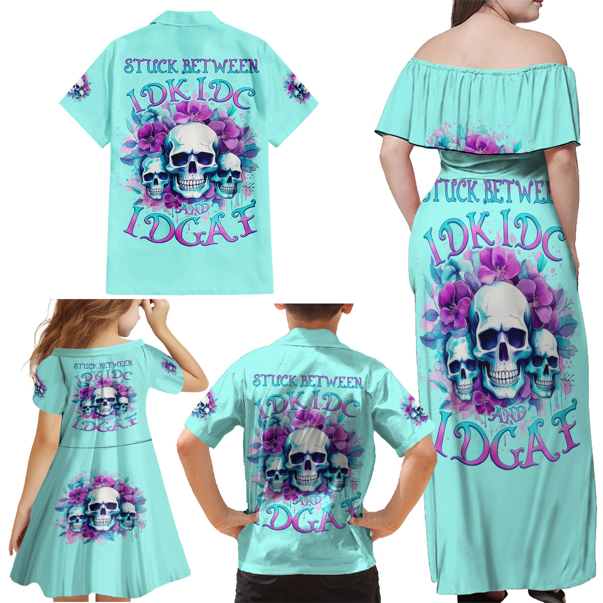 Flower Skull Angel Family Matching Off Shoulder Maxi Dress and Hawaiian Shirt Stuck Between IDK IDC and IDGAF - Wonder Print Shop