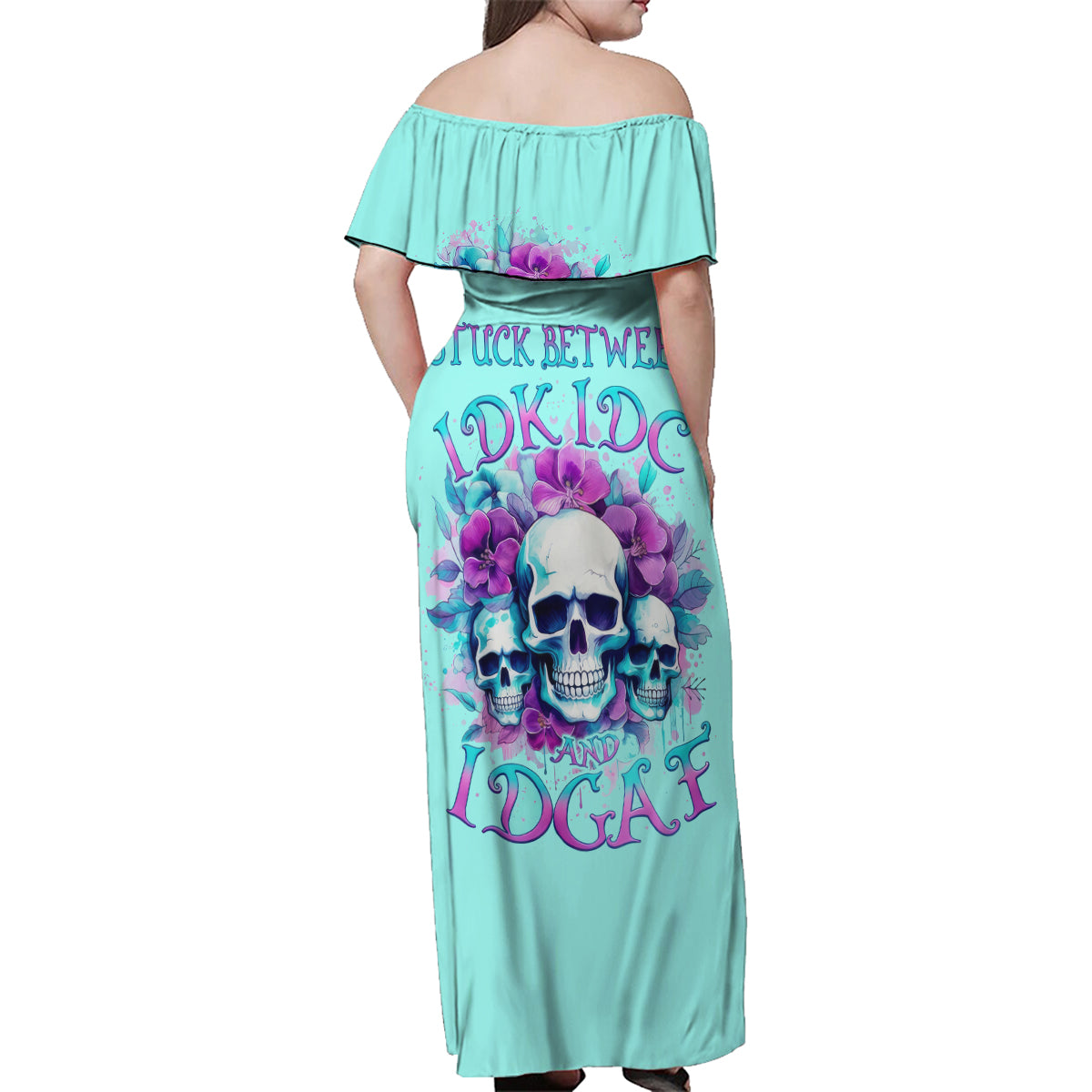 Flower Skull Angel Family Matching Off Shoulder Maxi Dress and Hawaiian Shirt Stuck Between IDK IDC and IDGAF - Wonder Print Shop