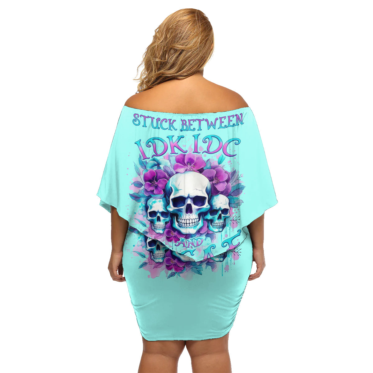 Flower Skull Angel Family Matching Off Shoulder Short Dress and Hawaiian Shirt Stuck Between IDK IDC and IDGAF - Wonder Print Shop