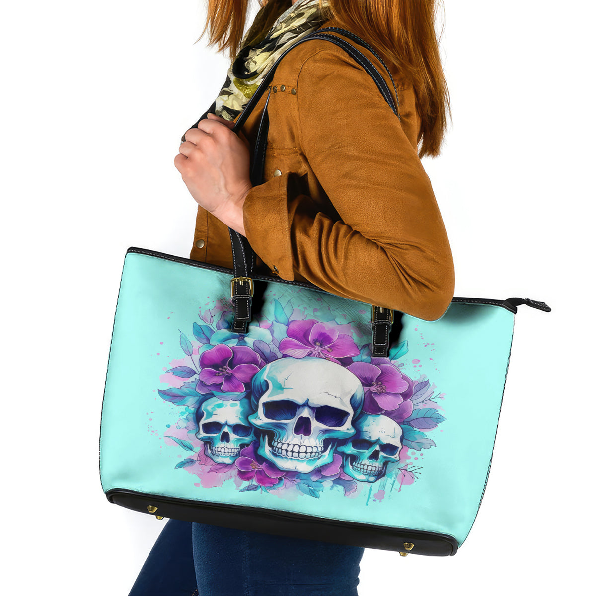 Flower Skull Angel Leather Tote Bag Stuck Between IDK IDC and IDGAF - Wonder Print Shop