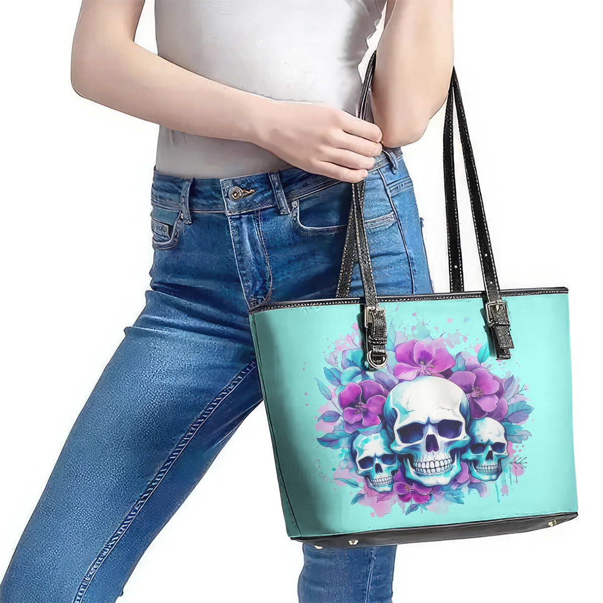 Flower Skull Angel Leather Tote Bag Stuck Between IDK IDC and IDGAF - Wonder Print Shop
