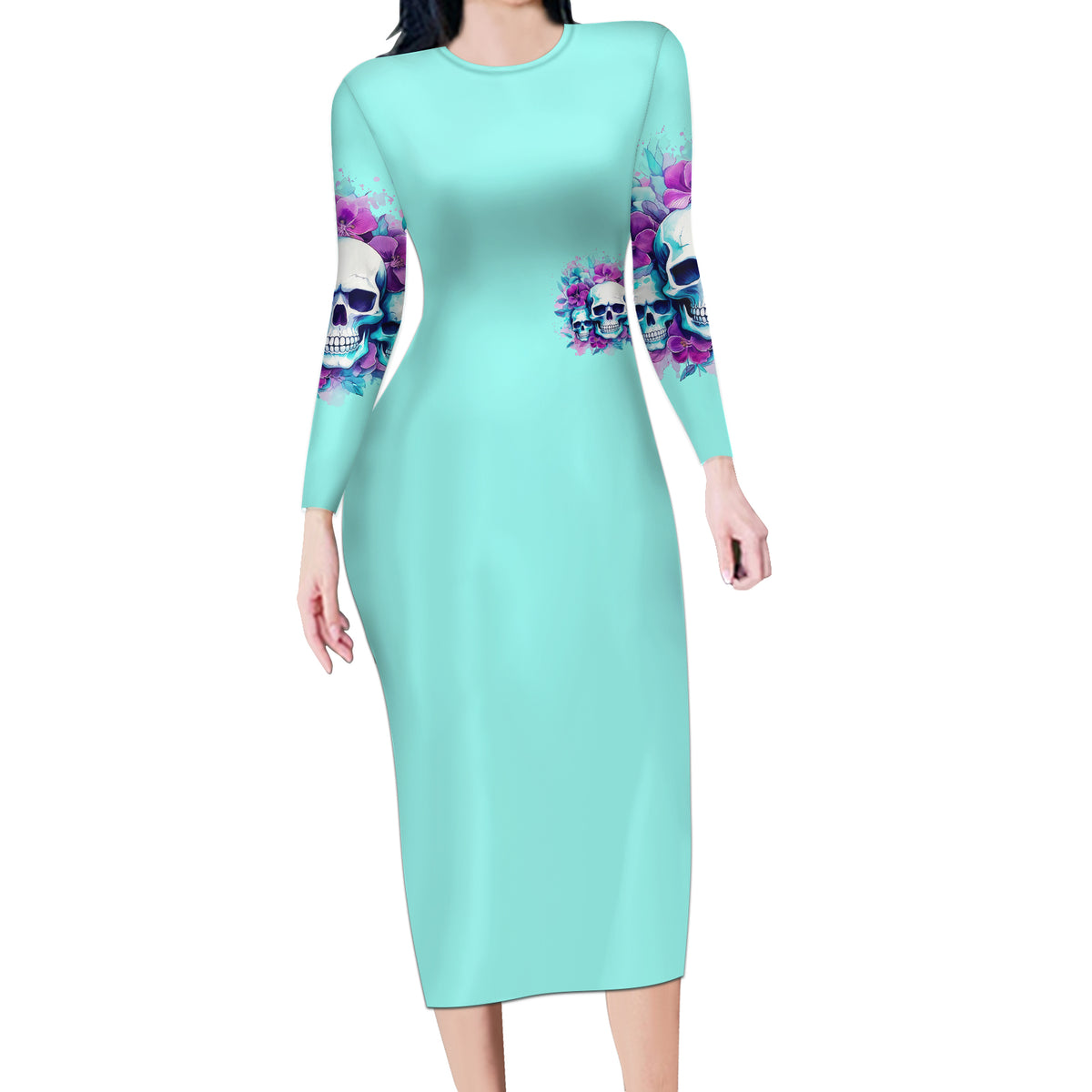 Flower Skull Angel Long Sleeve Bodycon Dress Stuck Between IDK IDC and IDGAF - Wonder Print Shop