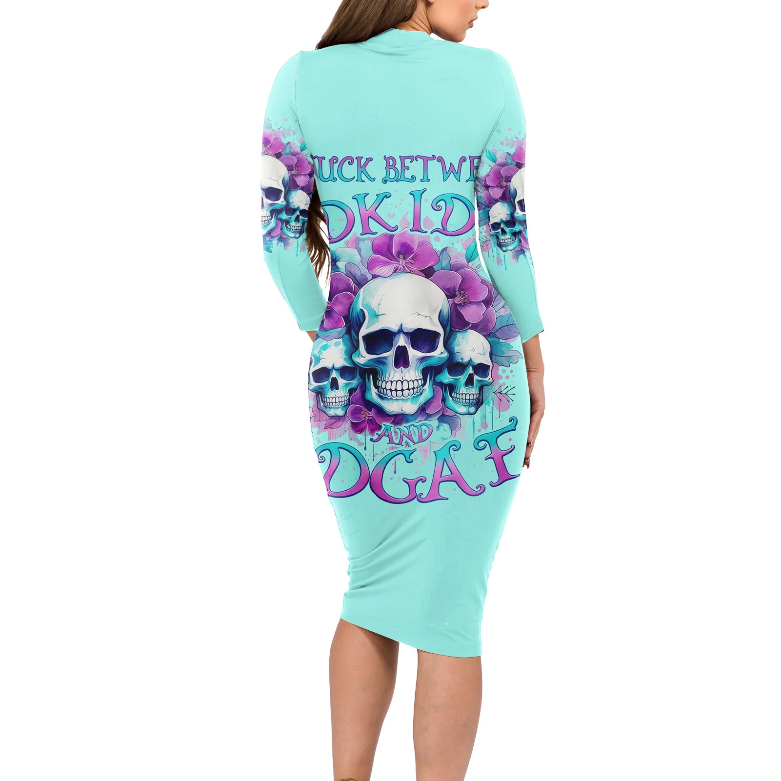 Flower Skull Angel Long Sleeve Bodycon Dress Stuck Between IDK IDC and IDGAF - Wonder Print Shop