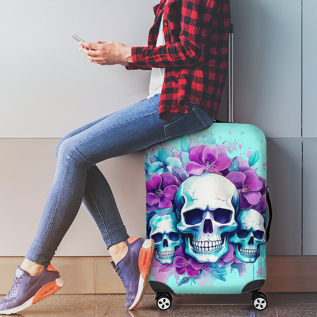 Flower Skull Angel Luggage Cover Stuck Between IDK IDC and IDGAF - Wonder Print Shop