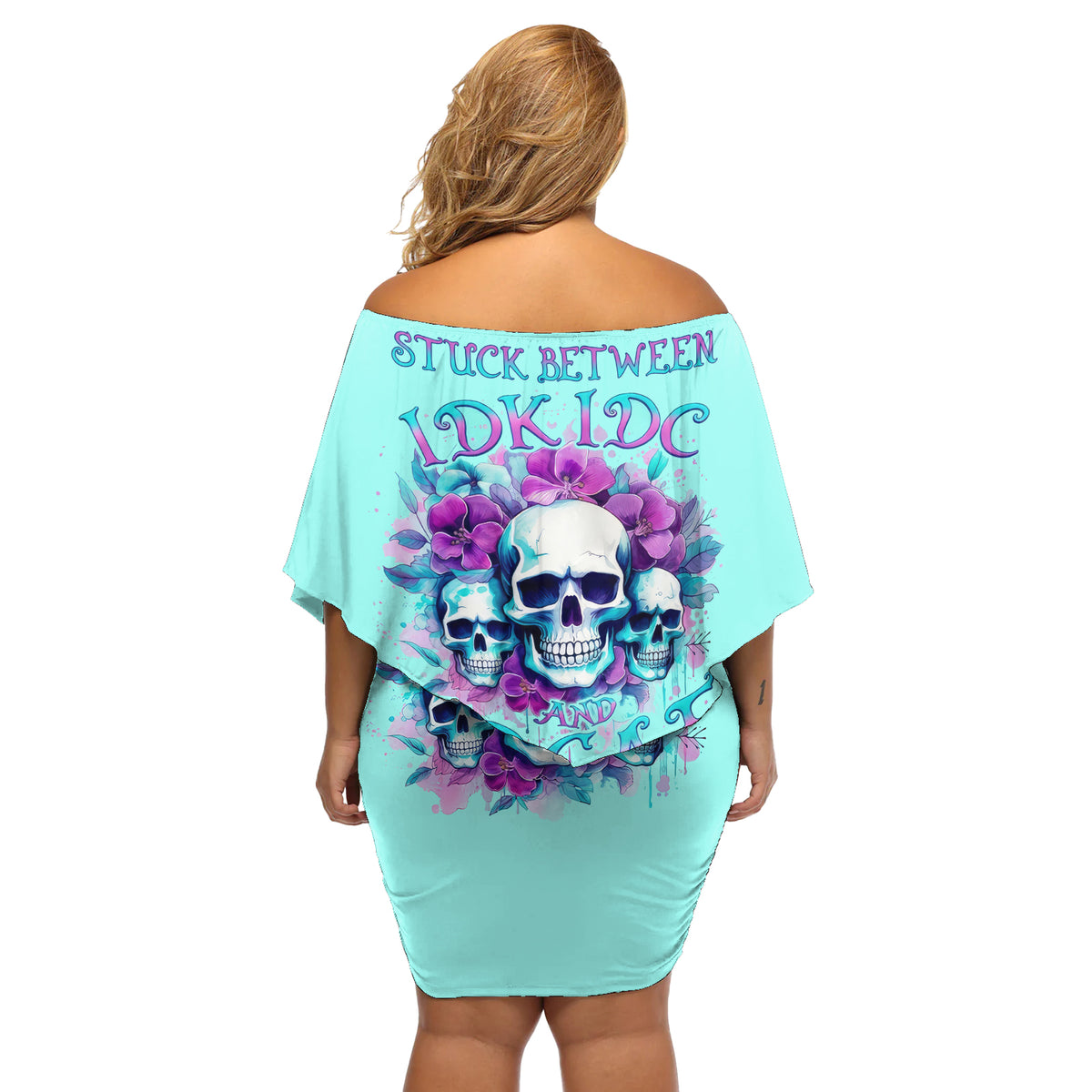Flower Skull Angel Off Shoulder Short Dress Stuck Between IDK IDC and IDGAF - Wonder Print Shop