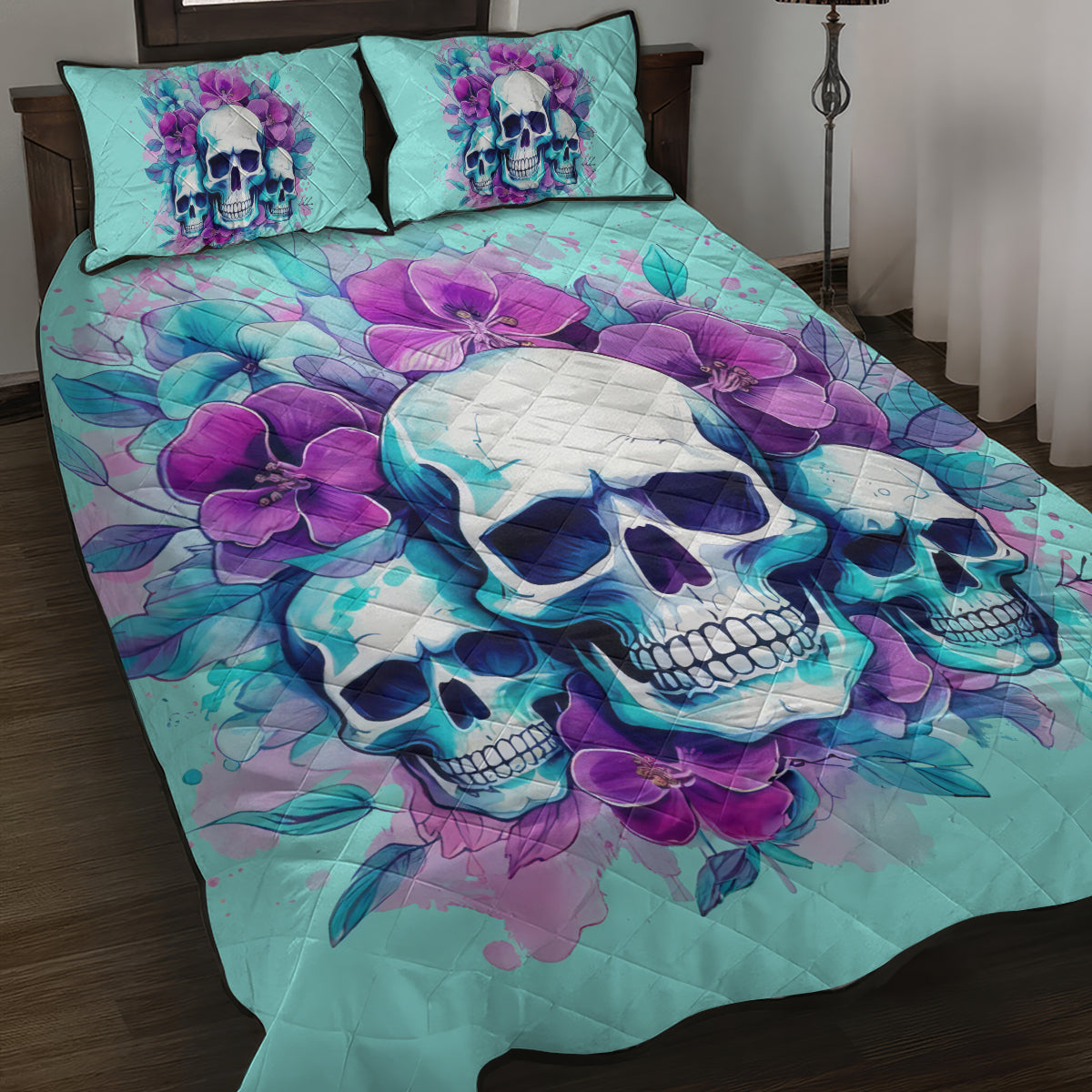 Flower Skull Angel Quilt Bed Set Stuck Between IDK IDC and IDGAF - Wonder Print Shop