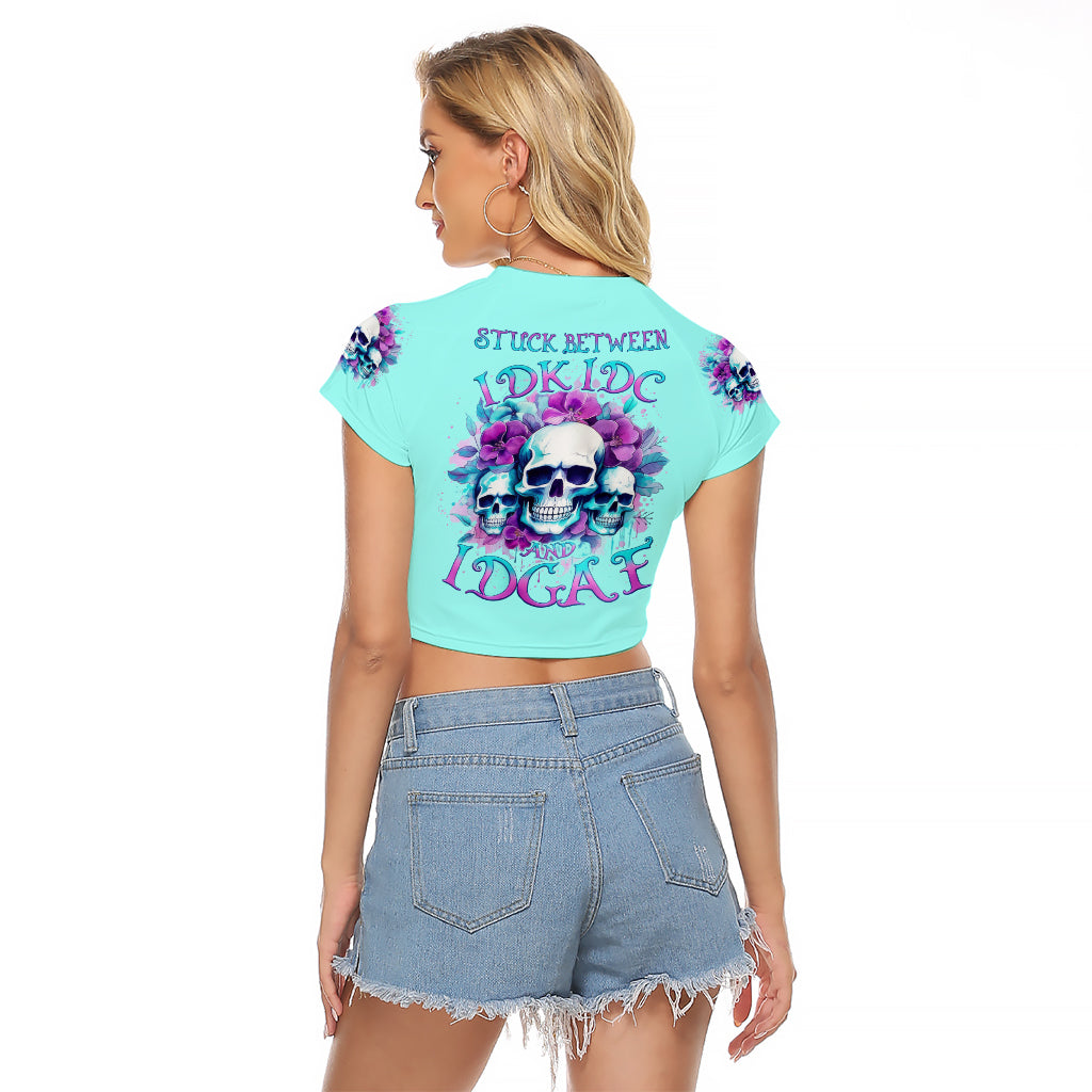 Flower Skull Angel Raglan Cropped T Shirt Stuck Between IDK IDC and IDGAF - Wonder Print Shop