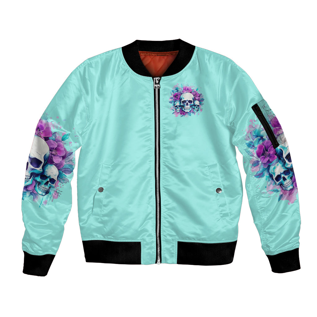 Flower Skull Angel Sleeve Zip Bomber Jacket Stuck Between IDK IDC and IDGAF - Wonder Print Shop