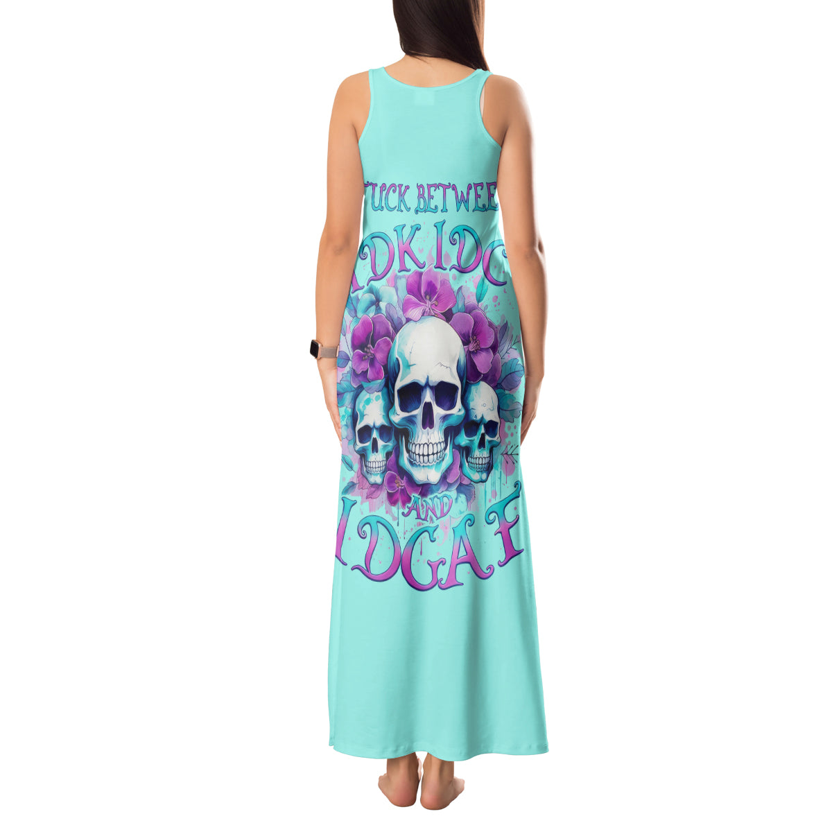 Flower Skull Angel Tank Maxi Dress Stuck Between IDK IDC and IDGAF - Wonder Print Shop