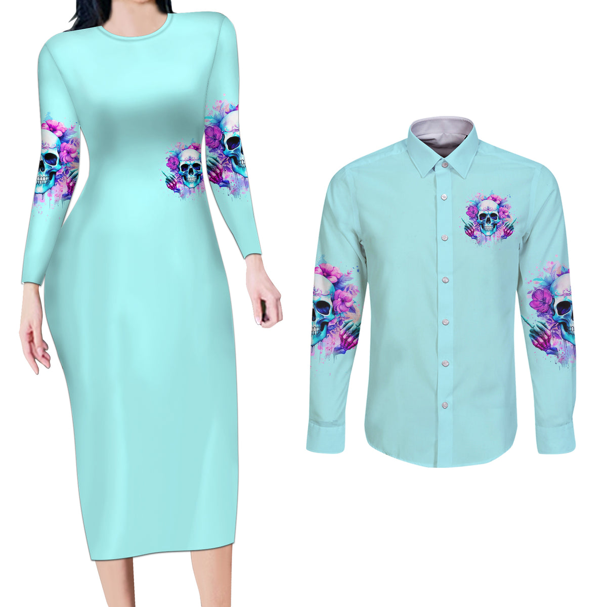 Flower Skull Angel Couples Matching Long Sleeve Bodycon Dress and Long Sleeve Button Shirt I'm A Bitch With A Flow Bullshit Tolerance - Wonder Print Shop
