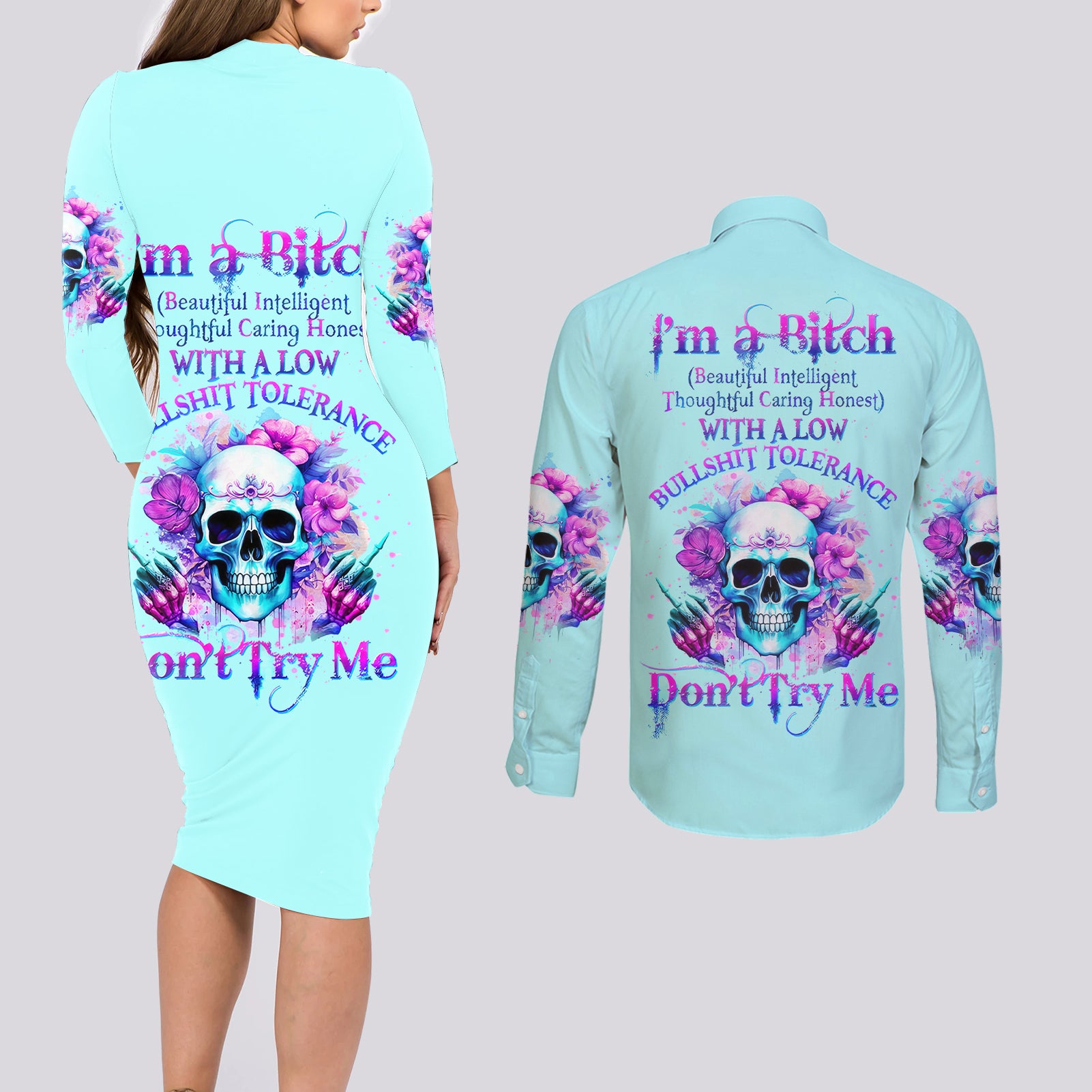 Flower Skull Angel Couples Matching Long Sleeve Bodycon Dress and Long Sleeve Button Shirt I'm A Bitch With A Flow Bullshit Tolerance - Wonder Print Shop