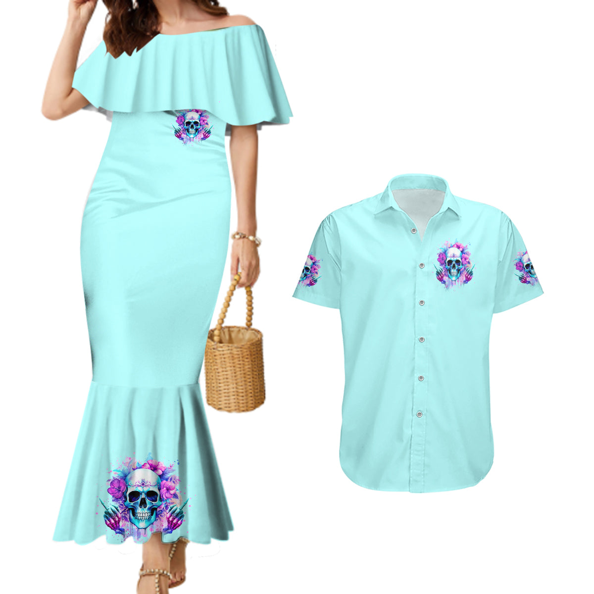 Flower Skull Angel Couples Matching Mermaid Dress and Hawaiian Shirt I'm A Bitch With A Flow Bullshit Tolerance - Wonder Print Shop