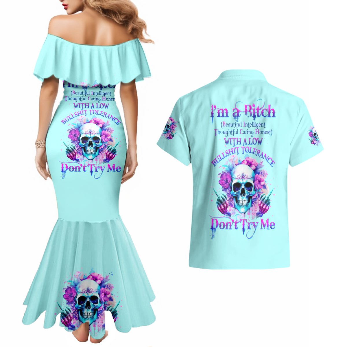 Flower Skull Angel Couples Matching Mermaid Dress and Hawaiian Shirt I'm A Bitch With A Flow Bullshit Tolerance - Wonder Print Shop