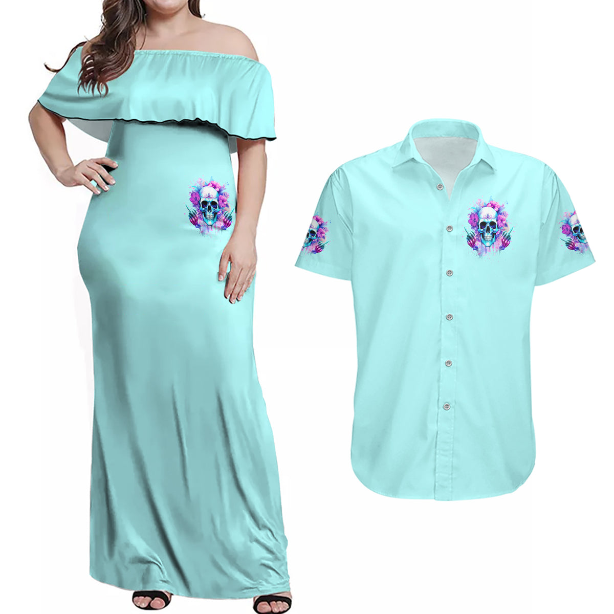 Flower Skull Angel Couples Matching Off Shoulder Maxi Dress and Hawaiian Shirt I'm A Bitch With A Flow Bullshit Tolerance - Wonder Print Shop