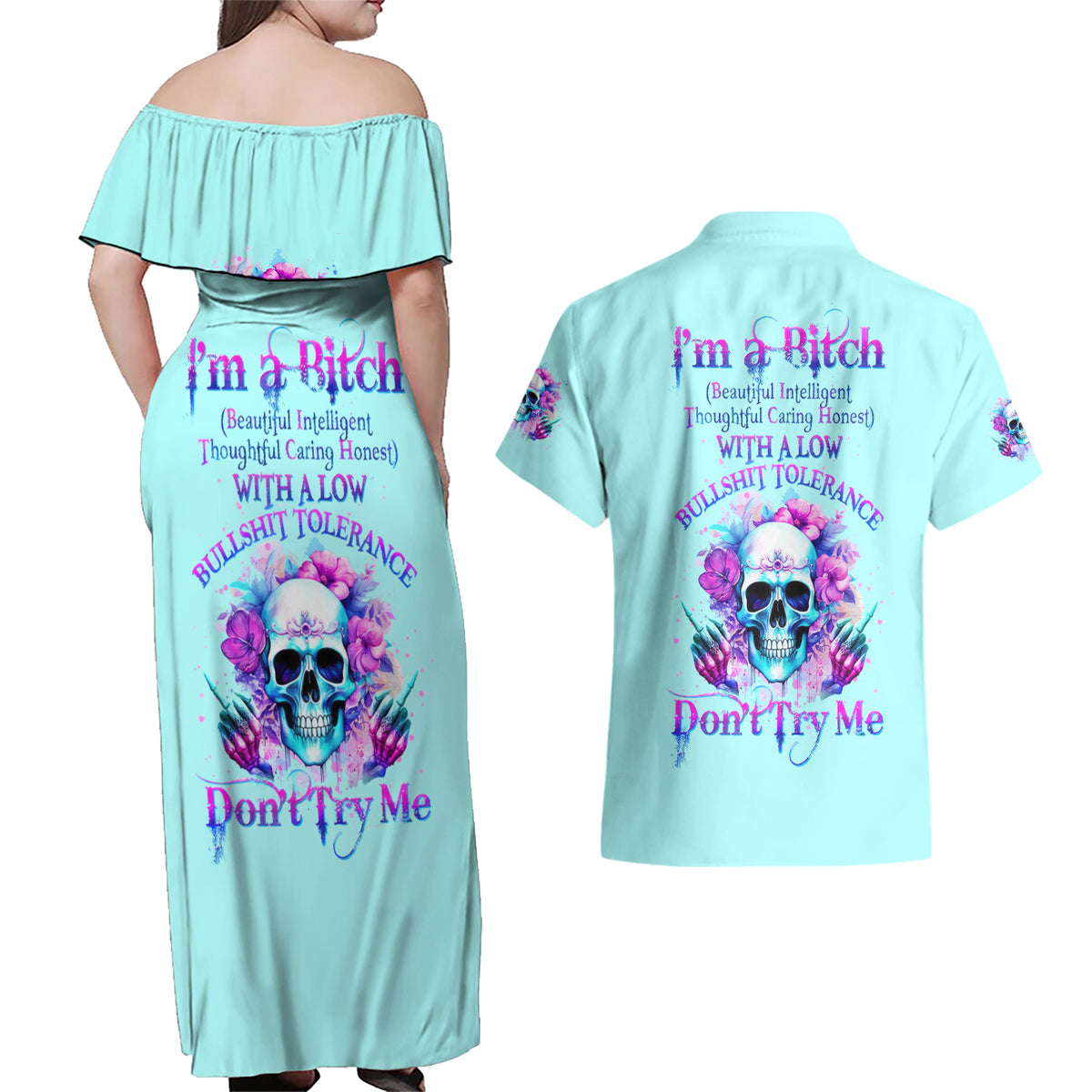 Flower Skull Angel Couples Matching Off Shoulder Maxi Dress and Hawaiian Shirt I'm A Bitch With A Flow Bullshit Tolerance - Wonder Print Shop