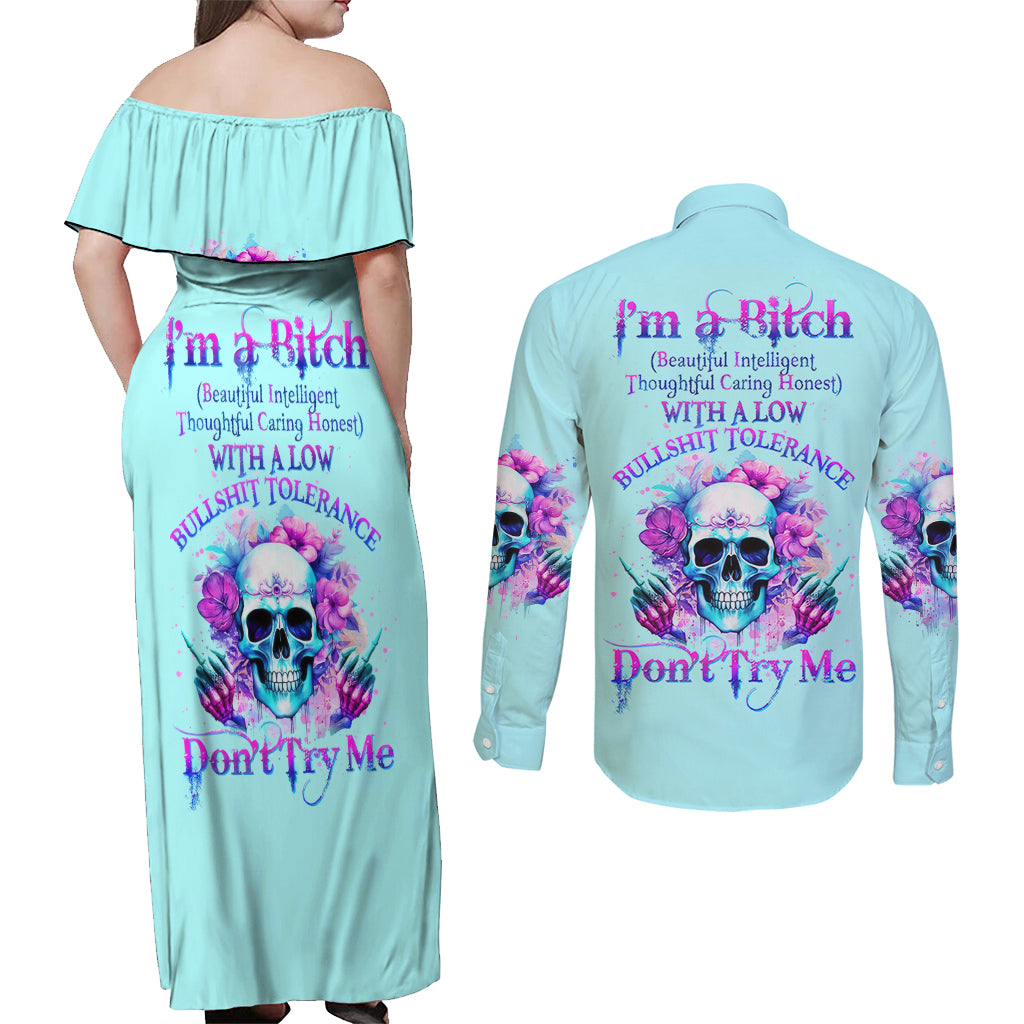 Flower Skull Angel Couples Matching Off Shoulder Maxi Dress and Long Sleeve Button Shirt I'm A Bitch With A Flow Bullshit Tolerance - Wonder Print Shop