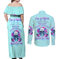Flower Skull Angel Couples Matching Off Shoulder Maxi Dress and Long Sleeve Button Shirt I'm A Bitch With A Flow Bullshit Tolerance - Wonder Print Shop