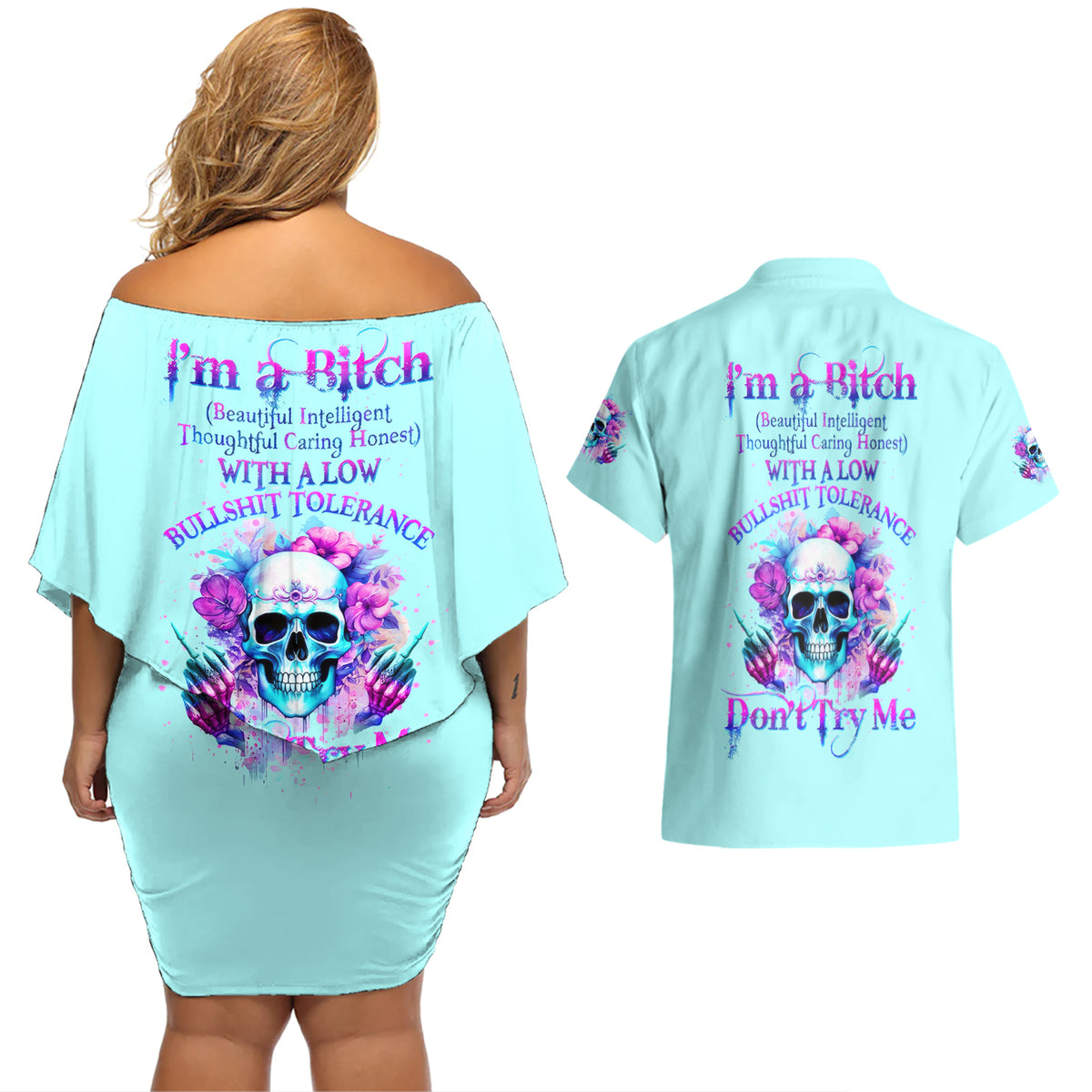 Flower Skull Angel Couples Matching Off Shoulder Short Dress and Hawaiian Shirt I'm A Bitch With A Flow Bullshit Tolerance - Wonder Print Shop