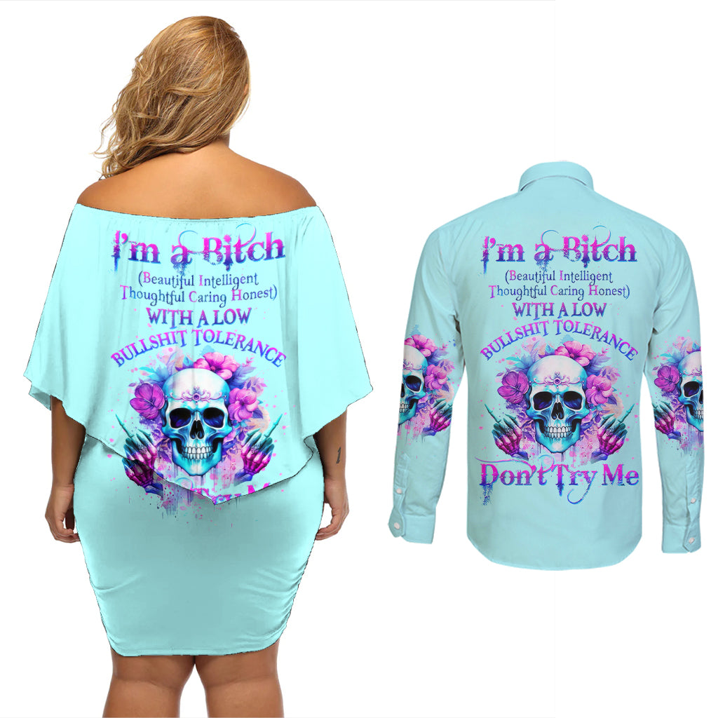 Flower Skull Angel Couples Matching Off Shoulder Short Dress and Long Sleeve Button Shirt I'm A Bitch With A Flow Bullshit Tolerance - Wonder Print Shop