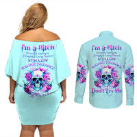 Flower Skull Angel Couples Matching Off Shoulder Short Dress and Long Sleeve Button Shirt I'm A Bitch With A Flow Bullshit Tolerance - Wonder Print Shop