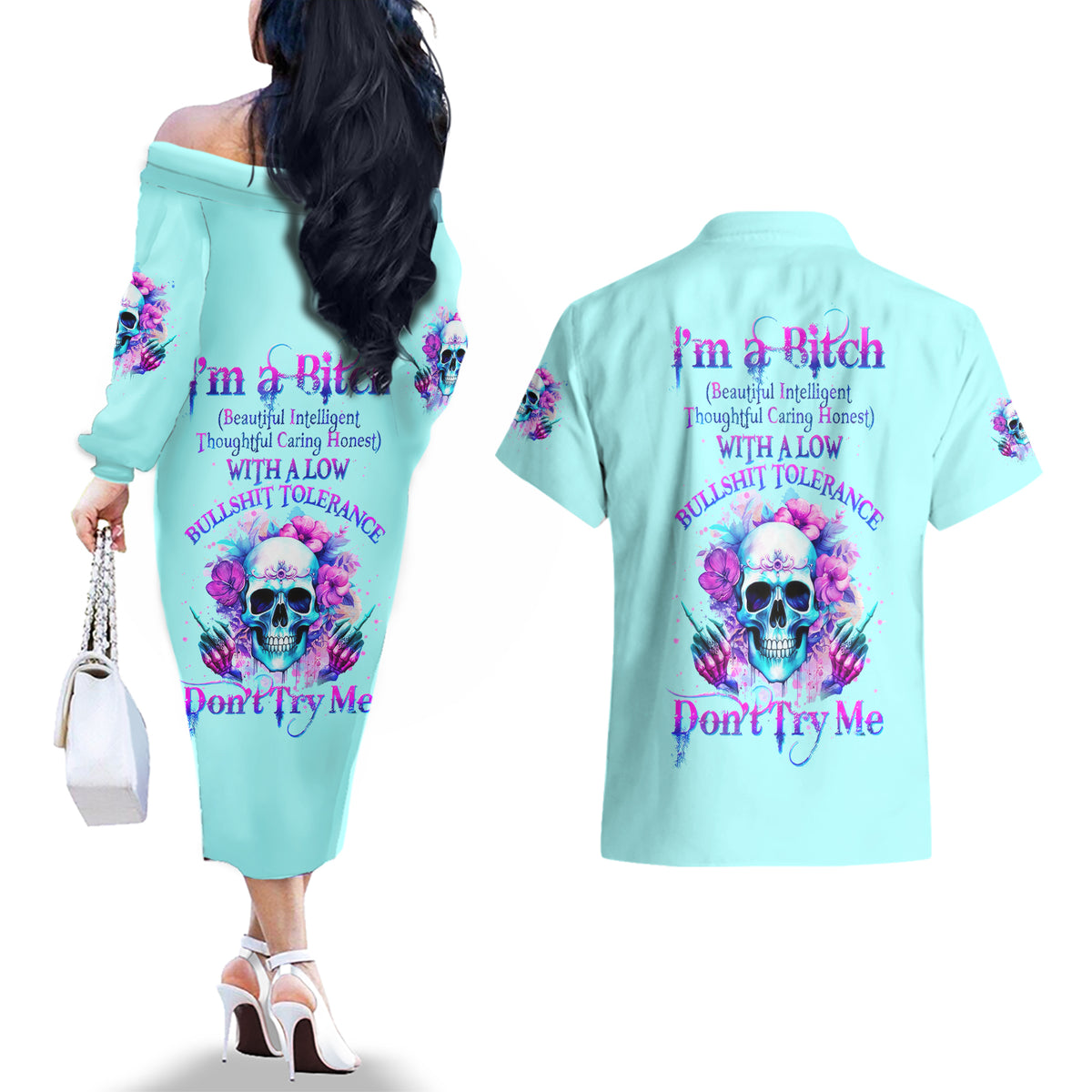 Flower Skull Angel Couples Matching Off The Shoulder Long Sleeve Dress and Hawaiian Shirt I'm A Bitch With A Flow Bullshit Tolerance - Wonder Print Shop