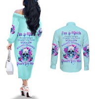 Flower Skull Angel Couples Matching Off The Shoulder Long Sleeve Dress and Long Sleeve Button Shirt I'm A Bitch With A Flow Bullshit Tolerance