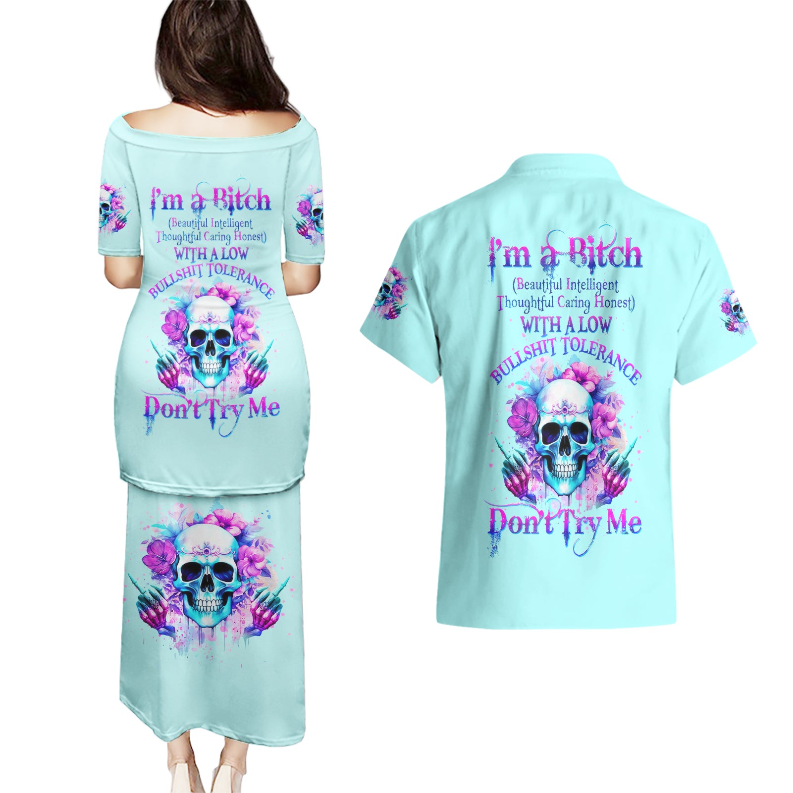 Flower Skull Angel Couples Matching Puletasi and Hawaiian Shirt I'm A Bitch With A Flow Bullshit Tolerance - Wonder Print Shop