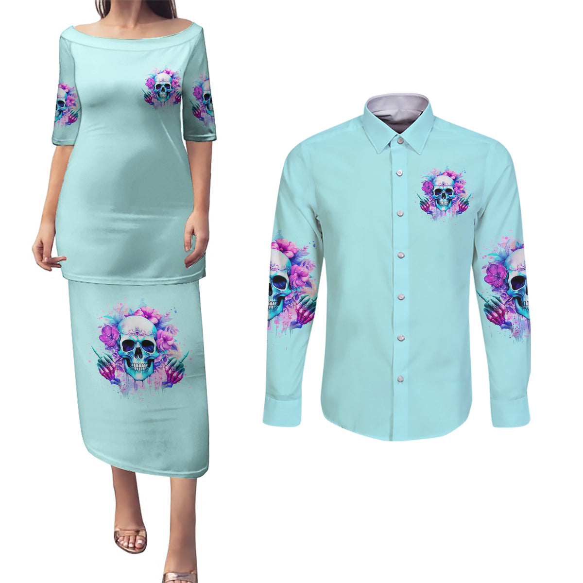 Flower Skull Angel Couples Matching Puletasi and Long Sleeve Button Shirt I'm A Bitch With A Flow Bullshit Tolerance - Wonder Print Shop