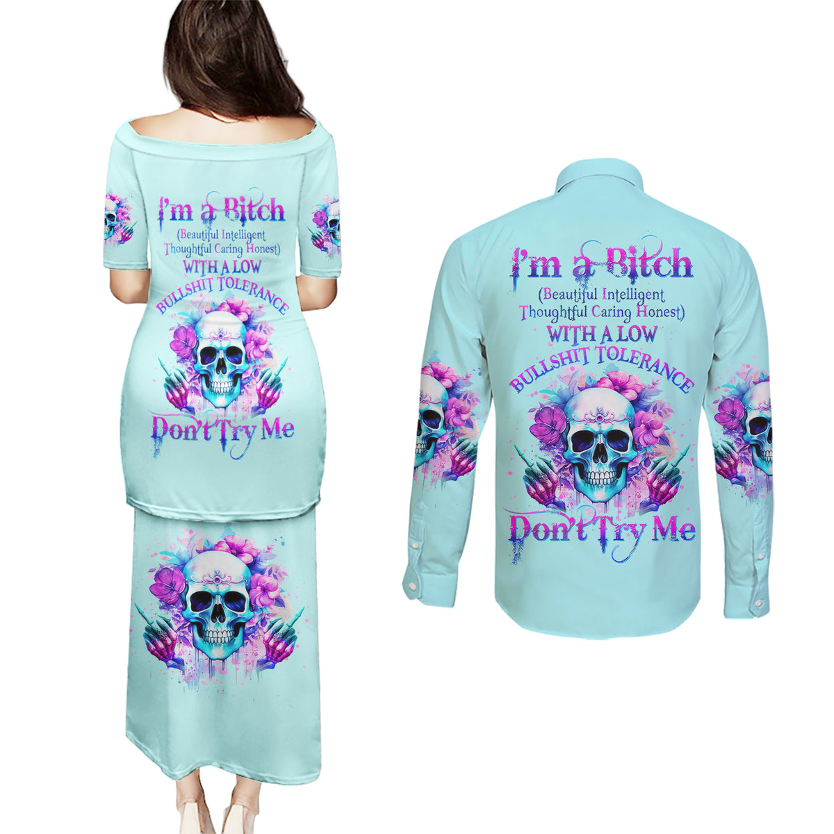 Flower Skull Angel Couples Matching Puletasi and Long Sleeve Button Shirt I'm A Bitch With A Flow Bullshit Tolerance - Wonder Print Shop