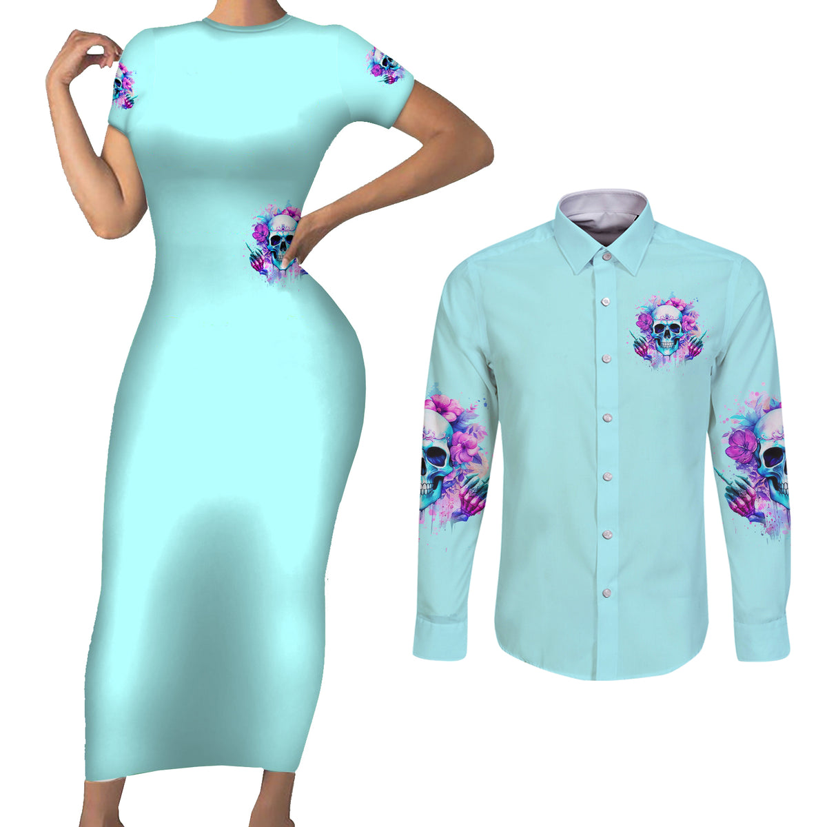 Flower Skull Angel Couples Matching Short Sleeve Bodycon Dress and Long Sleeve Button Shirt I'm A Bitch With A Flow Bullshit Tolerance - Wonder Print Shop