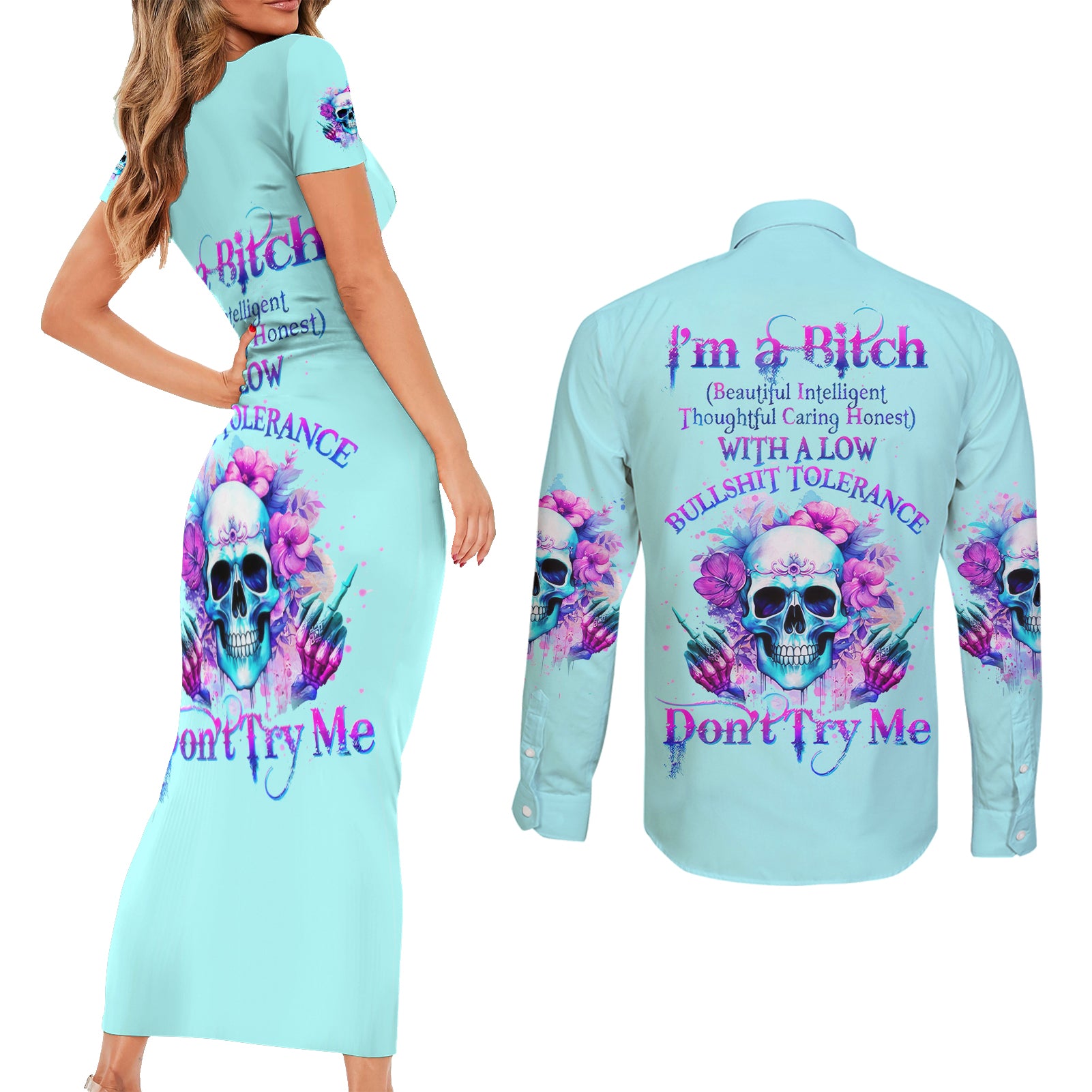 Flower Skull Angel Couples Matching Short Sleeve Bodycon Dress and Long Sleeve Button Shirt I'm A Bitch With A Flow Bullshit Tolerance - Wonder Print Shop
