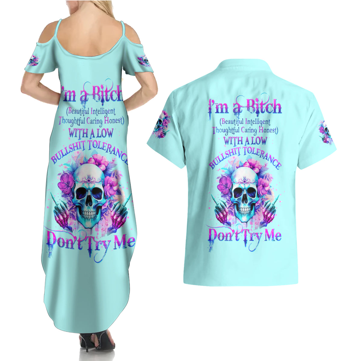 Flower Skull Angel Couples Matching Summer Maxi Dress and Hawaiian Shirt I'm A Bitch With A Flow Bullshit Tolerance - Wonder Print Shop
