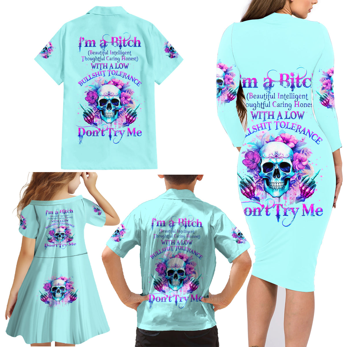 Flower Skull Angel Family Matching Long Sleeve Bodycon Dress and Hawaiian Shirt I'm A Bitch With A Flow Bullshit Tolerance - Wonder Print Shop