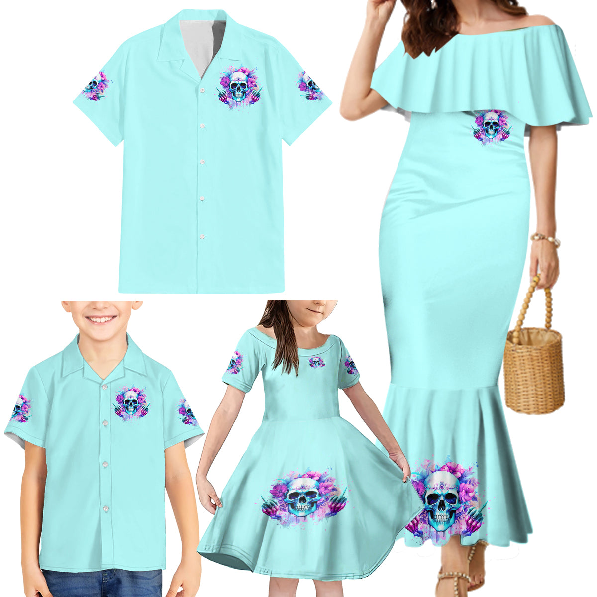 Flower Skull Angel Family Matching Mermaid Dress and Hawaiian Shirt I'm A Bitch With A Flow Bullshit Tolerance - Wonder Print Shop