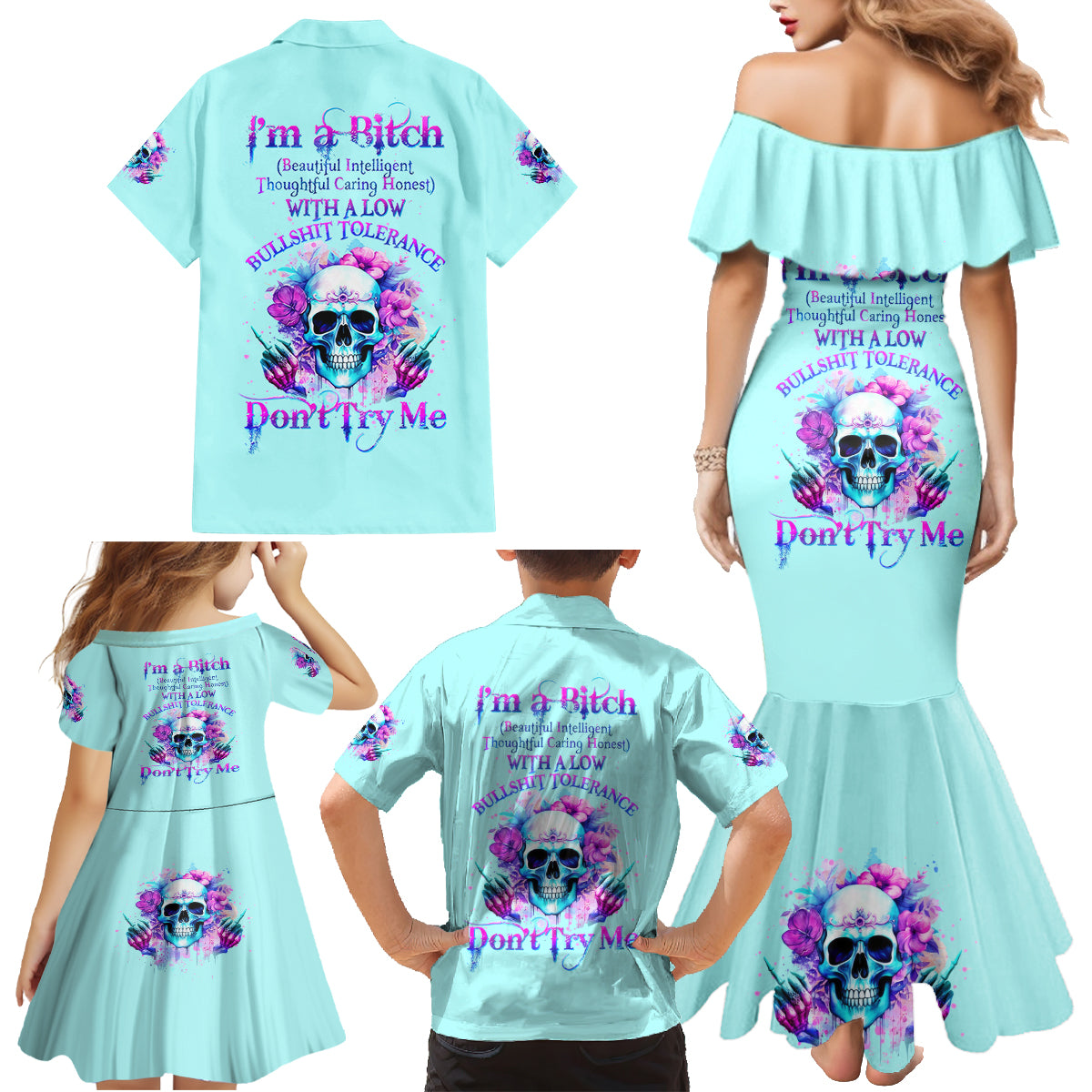 Flower Skull Angel Family Matching Mermaid Dress and Hawaiian Shirt I'm A Bitch With A Flow Bullshit Tolerance - Wonder Print Shop
