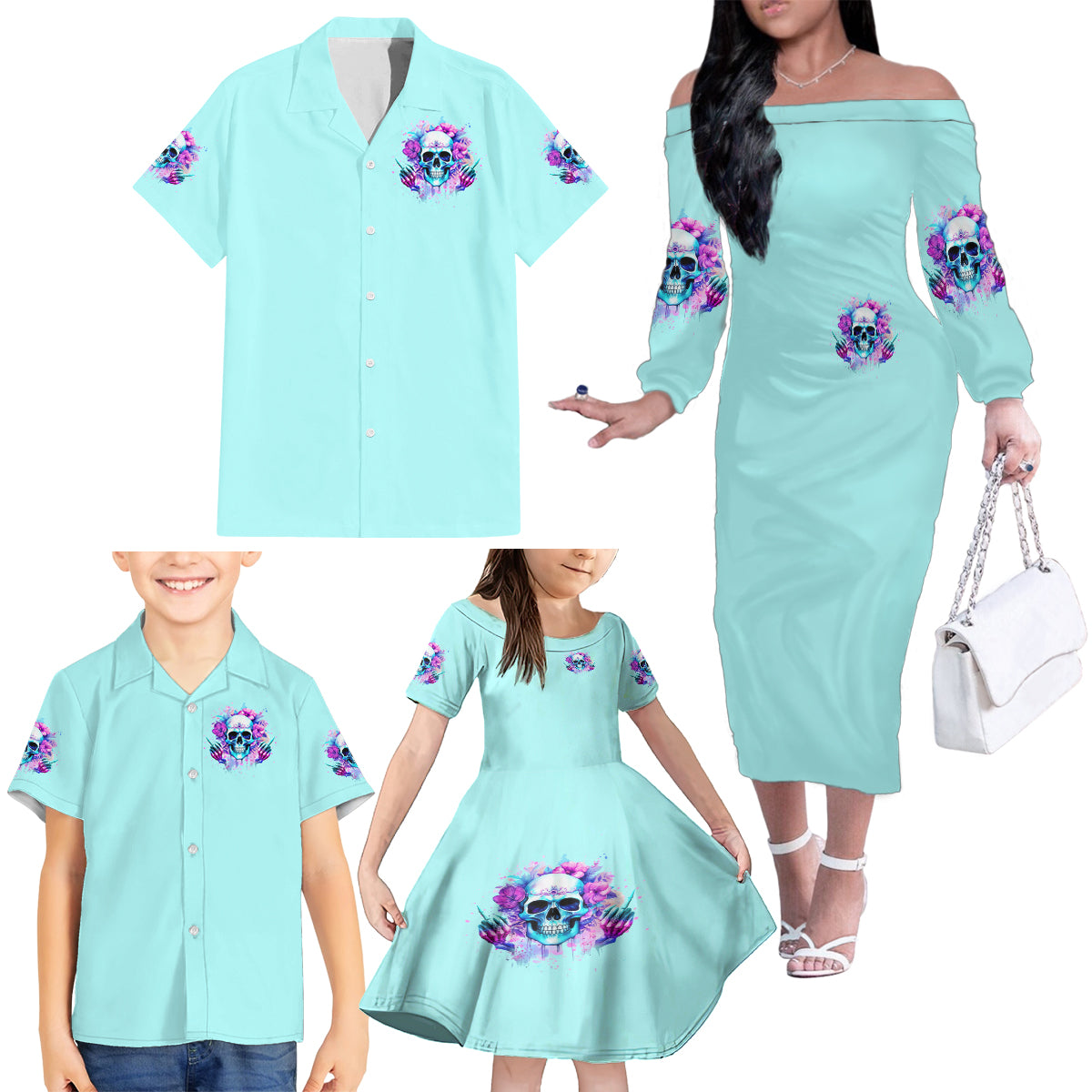 Flower Skull Angel Family Matching Off Shoulder Long Sleeve Dress and Hawaiian Shirt I'm A Bitch With A Flow Bullshit Tolerance - Wonder Print Shop