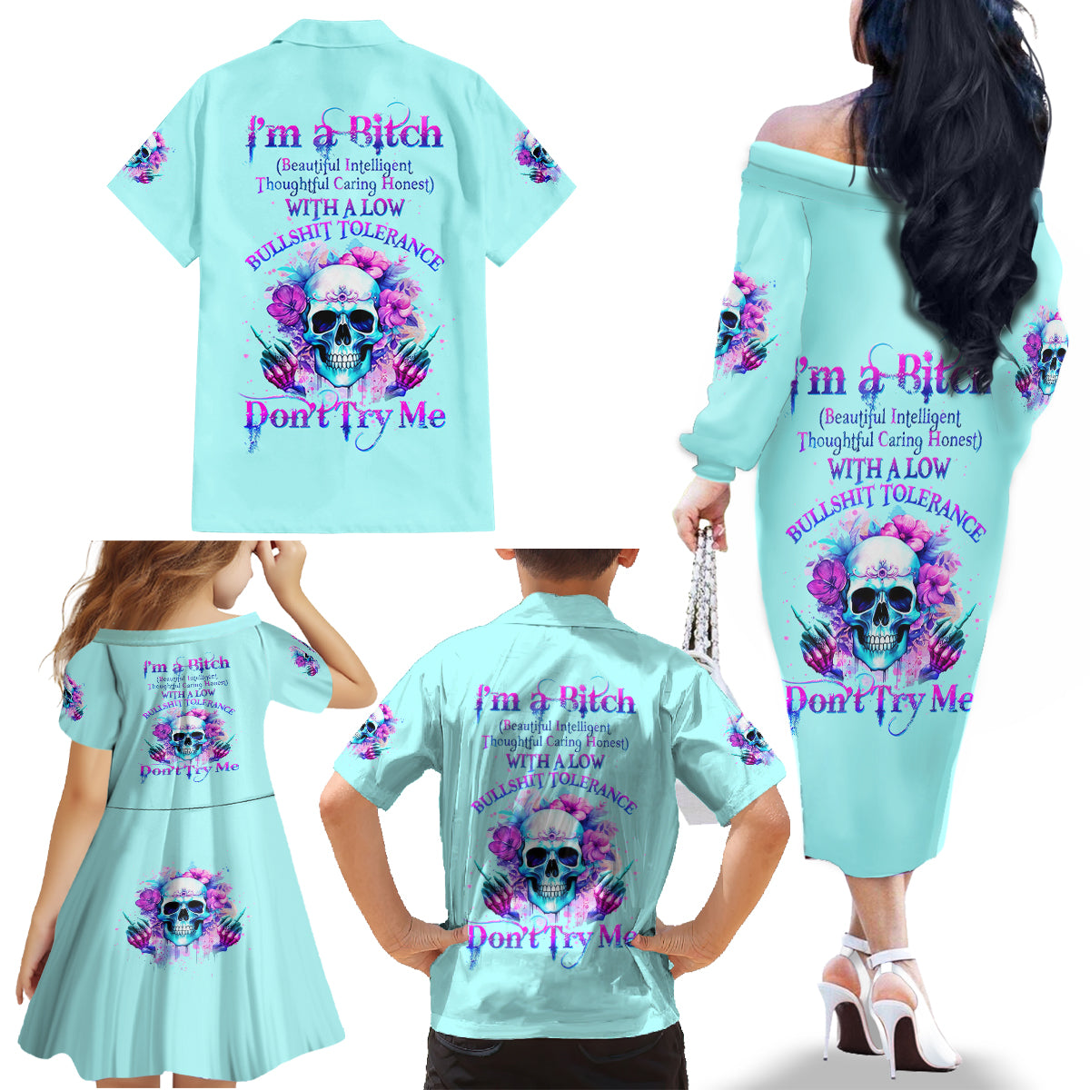 Flower Skull Angel Family Matching Off Shoulder Long Sleeve Dress and Hawaiian Shirt I'm A Bitch With A Flow Bullshit Tolerance - Wonder Print Shop
