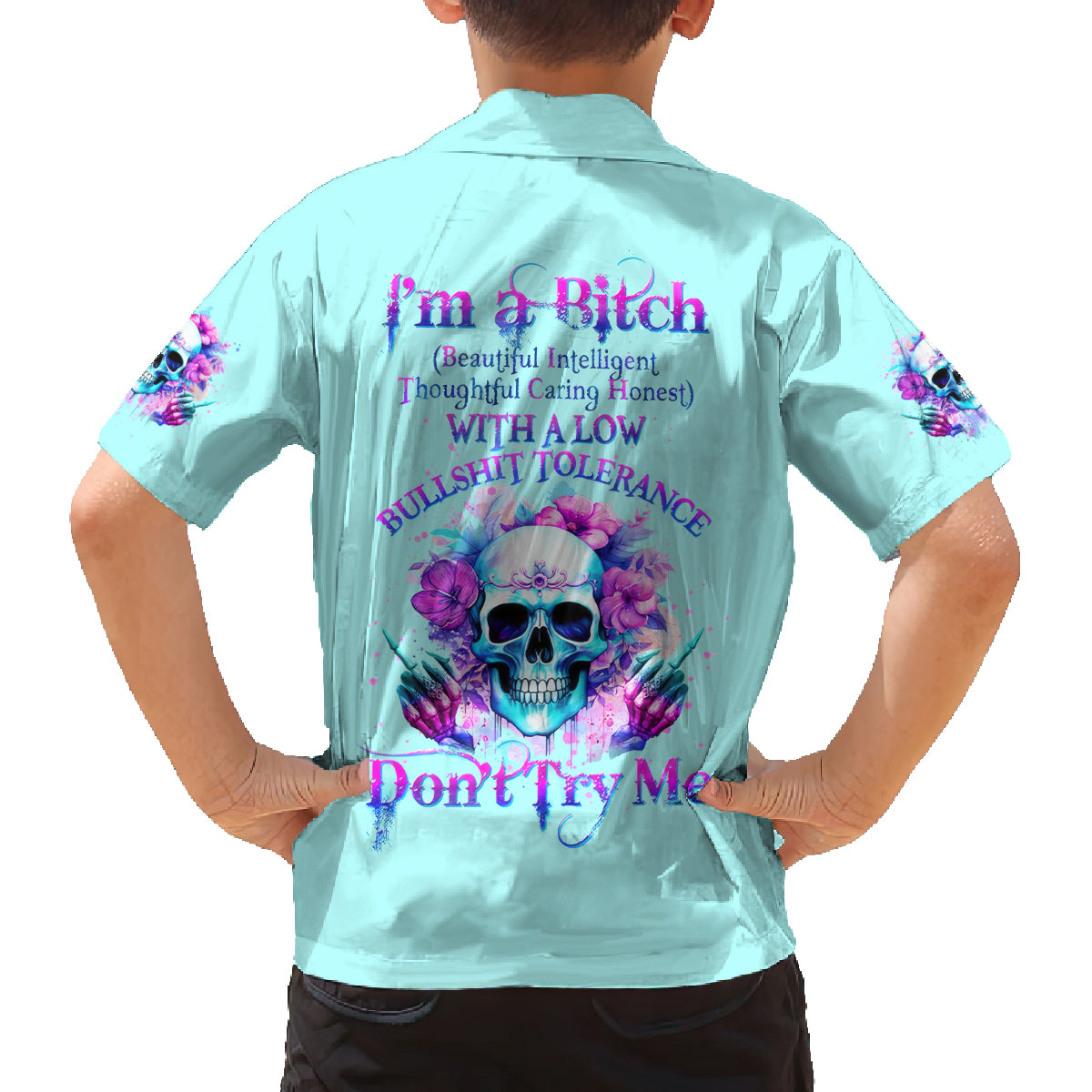 Flower Skull Angel Family Matching Off Shoulder Maxi Dress and Hawaiian Shirt I'm A Bitch With A Flow Bullshit Tolerance - Wonder Print Shop